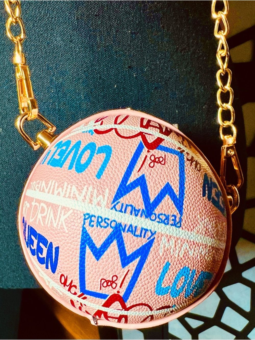 NWOT Novelty Graffiti-style Mini Basketball-Shaped Bag. Faux leather crossbody